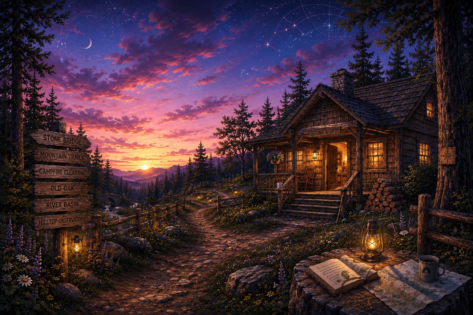 The Stone & Sky cabin glowing at twilight