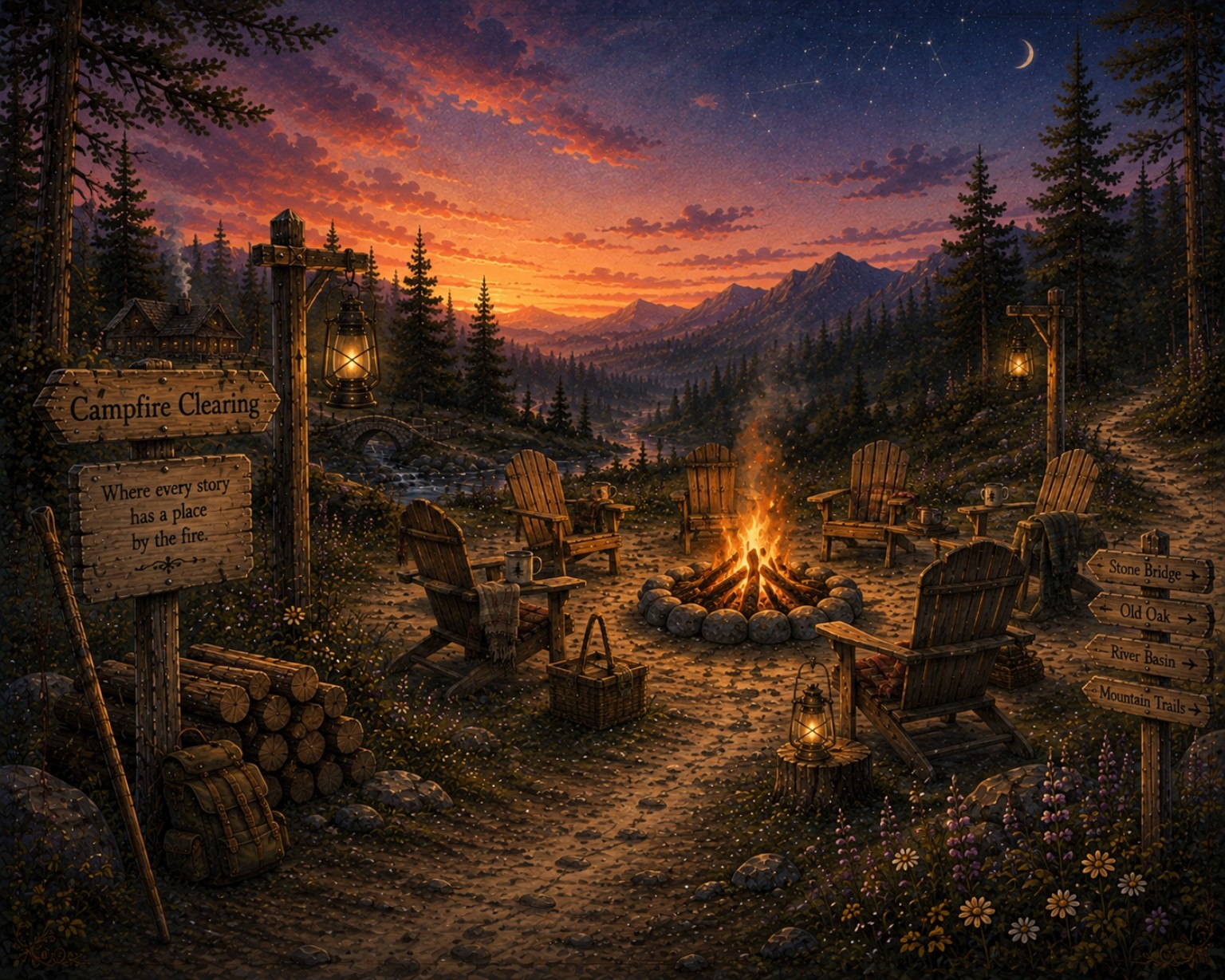 A warm campfire clearing representing the shared family landscape