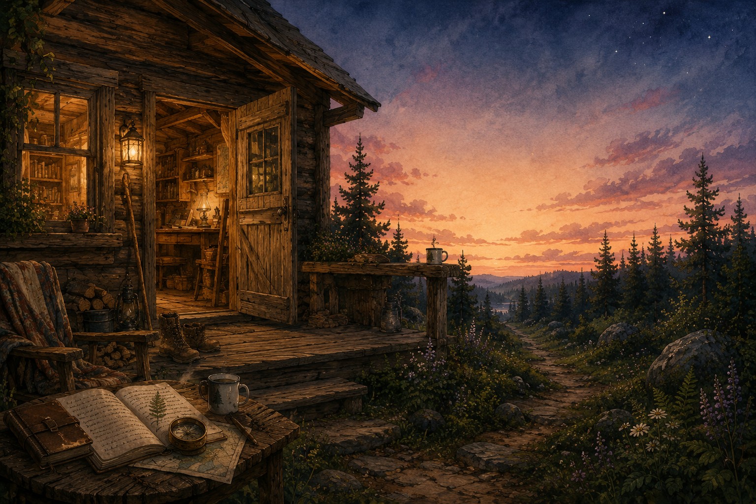 The Stone & Sky Cabin glowing within a connected landscape of trails, rivers, and landmarks