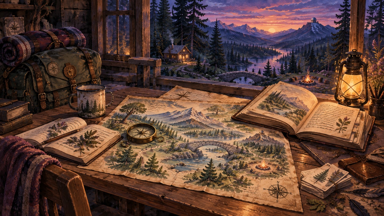 The Stone & Sky Expedition cartographer table overlooking the connected landscape