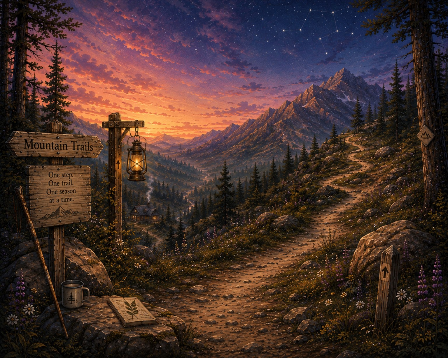 Mountain trails winding into the Stone & Sky landscape