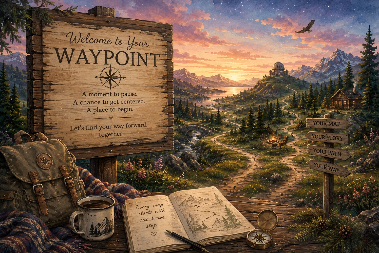 A glowing waypoint along a winding trail through the Stone & Sky landscape