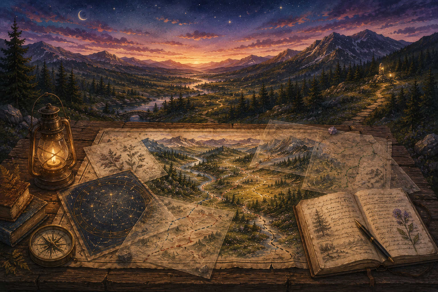 Illustrated Stone & Sky cartographer’s table with layered maps, journal pages, celestial markings, a compass, and a lantern overlooking one connected twilight landscape, representing different sources of information coming together through Human Translation.