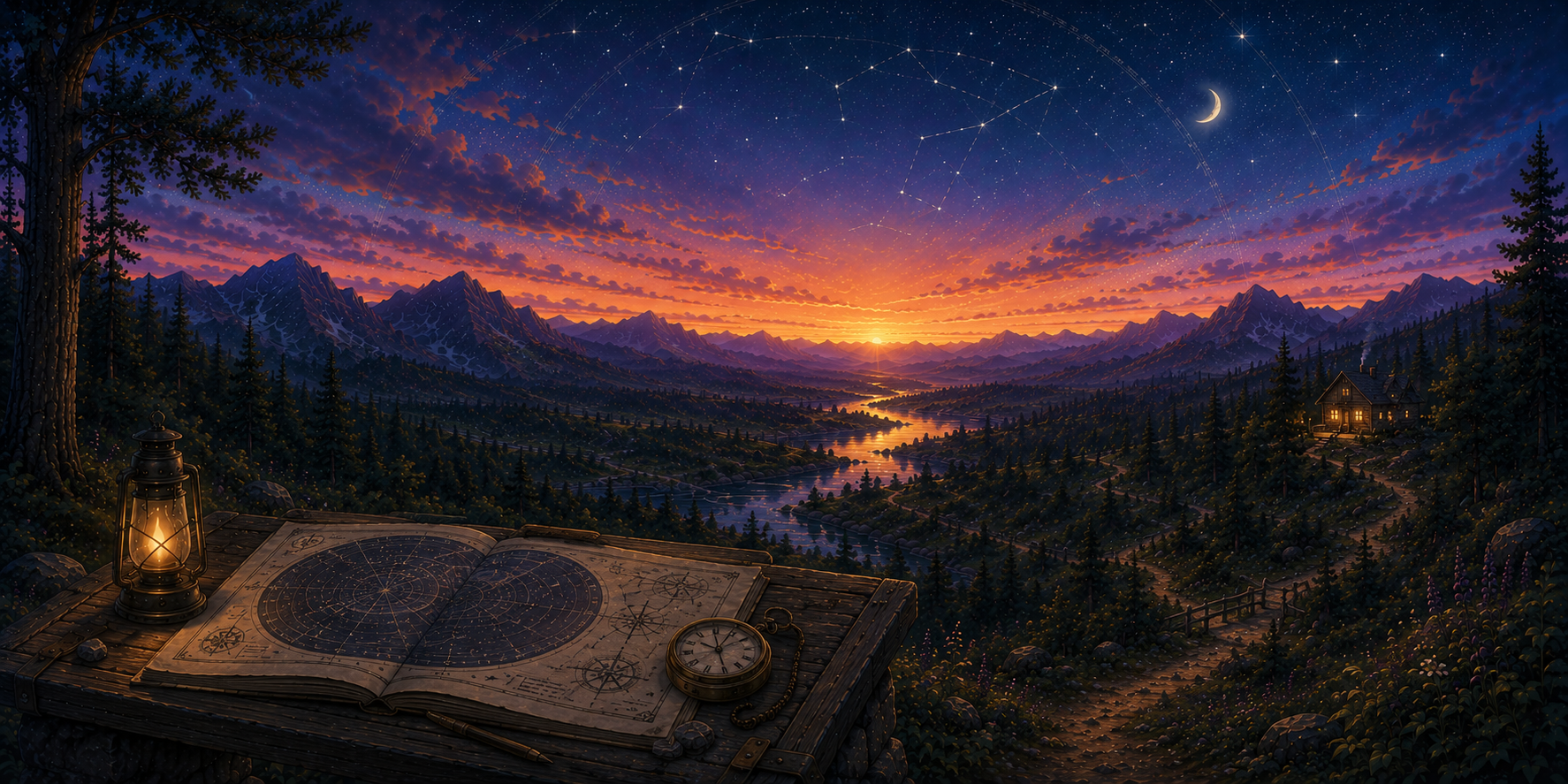 A celestial map with its highest point marked above a traveler’s public path.