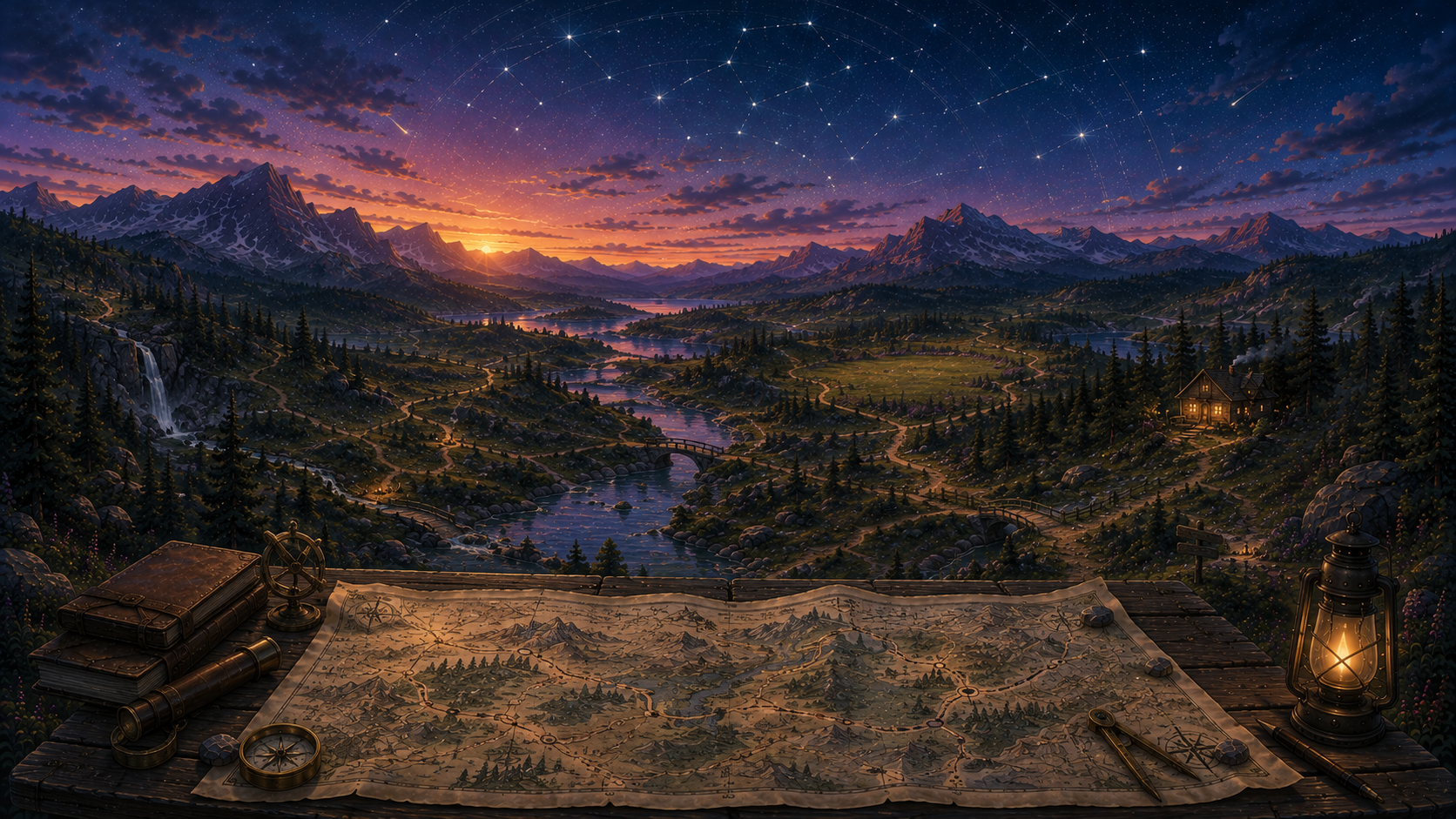 A birth-chart map showing fire, earth, air, and water working together across one landscape.