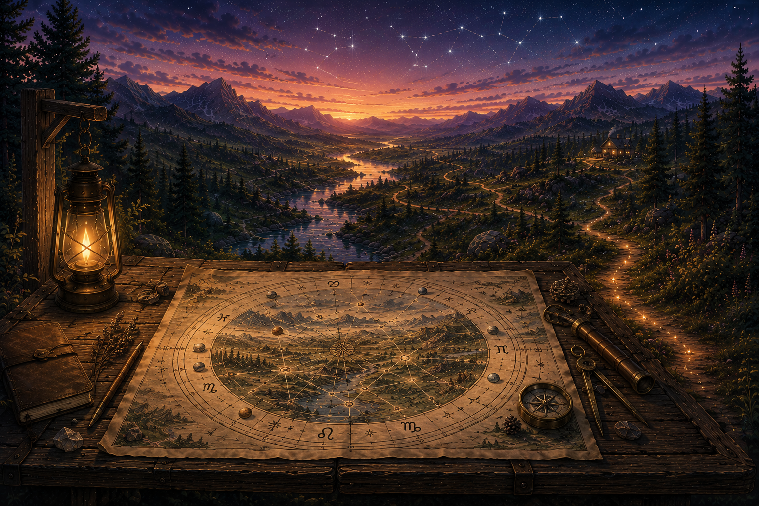 An illustrated celestial trail map at a lantern-lit wilderness overlook, representing planets, signs, houses, and aspects as parts of one larger birth-chart landscape.