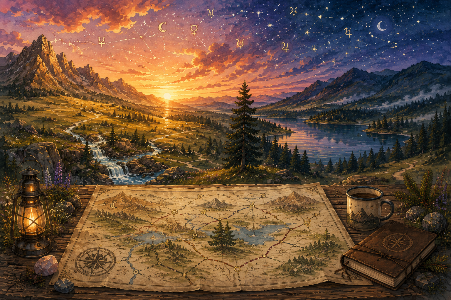 Two distinct personal landscapes meeting across a shared relationship path.