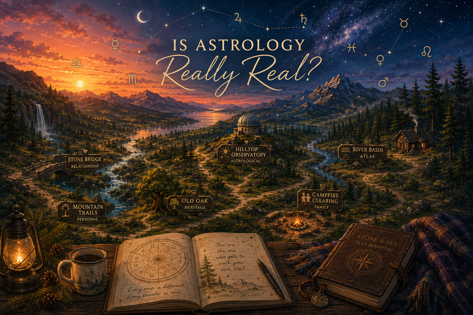 A Stone & Sky illustrated landscape beneath sunset and stars, with an observatory, winding trails, astrological symbols, and a map in the foreground representing astrology as one symbolic way of exploring a larger human landscape.